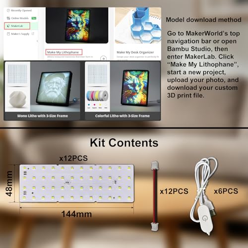 12PCS Lithophane LED Backlight Board Kit KC009 KC010 for Bambu Lab H2C/X1/P2S/A1 LED Light Board Backlights Makerworld Model Parts USB 3D Print Accessory Photo Model DIY Light Box