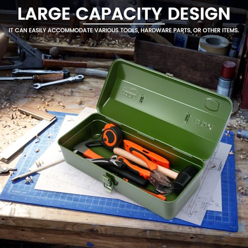 15 Inch Metal Tool Box with Lock - Portable Heavy Duty Workshop Tool Storage Case with Handle, Locking Hardware Organizer Box for Tools, Screws & Parts (Green) green