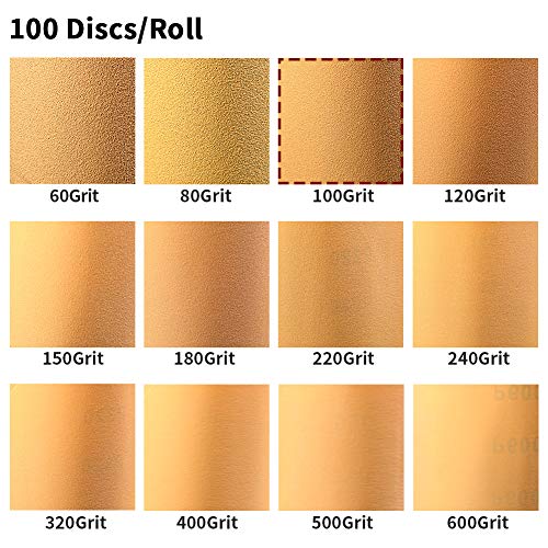 SPEEDWOX 100 Pcs 100 Grit Sandpaper Roll 5 inch Round Sanding Discs Adhesive Back PSA Sticky Back No Hole Stick and Sand Sandpaper for Wood, Auto Body Repair, Marine, Paint, Metal and Plastics