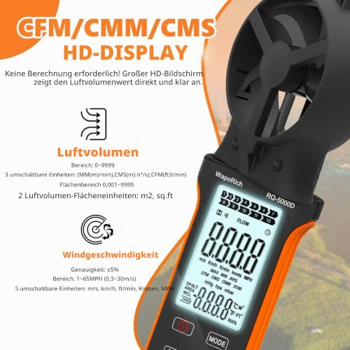 Wind Meter CFM Meter, WapoRich Anemometer Handheld Wind Speed Meter Digital Wind Meter Rechargeable Measures Air Volume/Wind Speed/Temp with MAX/MIN for HVAC Drone RQ-5000D