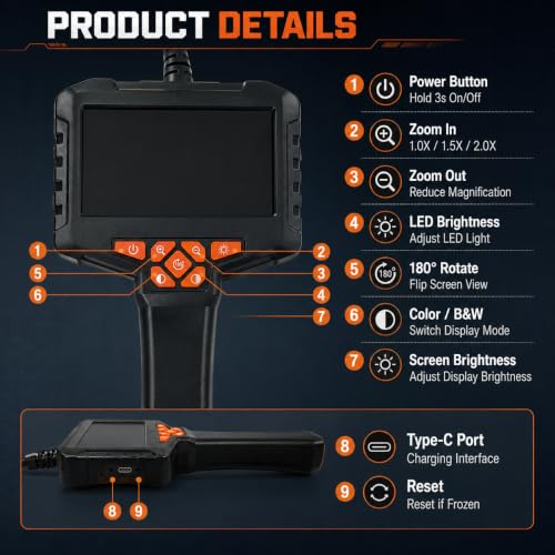 50FT Borescope Camera with Light, 4.3" Screen Inspection Camera, No WiFi 50FT 4.3" Single Lens