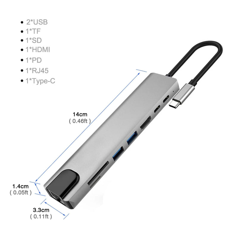 USB C Laptop Docking Station 8 in 1 USB C Hub Adapter with 4K HDMI,Ethernet,2 USB,Type-C,SD TF Card Reader,PD 100W Compatible with iPhone16/MacBook/Dell and Other Type C Laptops Device