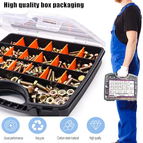 Taiss 966pcs Metric Bolt Assortment Grade 8.8 Heavy Duty,M4 M5 M6 M8 Hex Metric Bolts and Nuts Kit (12-30mm+170PCS Threaded Inserts Nuts,6 Sizes Wood Threaded Insert Kit