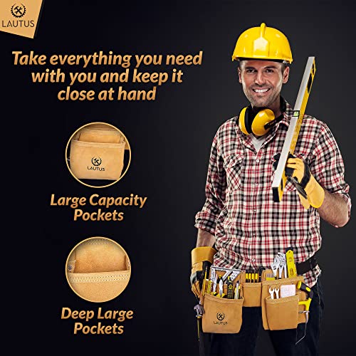 LAUTUS Suede Tool Belt/Pouch/Bag/Work Apron | Carpenter, Construction, Framers, Electrician |11 Pockets | Adjustable Double Pronged Belt | 2 Hammer Loops|