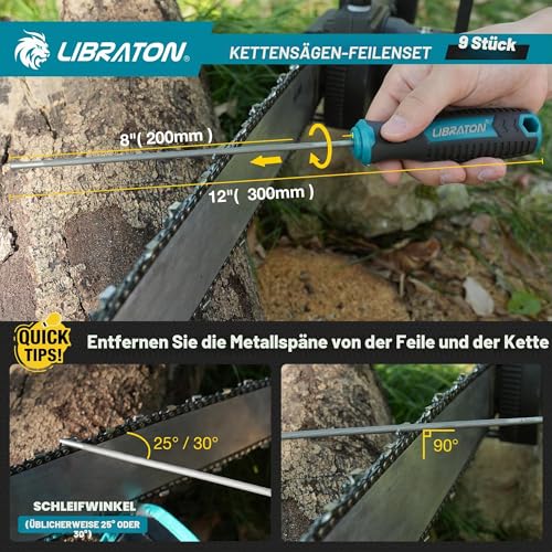 Libraton 9-Piece Chainsaw File, 4.0/4.8/5.5 mm Chainsaws Sharpening | Round file chainsaw, 153 mm flat file, depth gauge, sharpening guide, rail groove cleaner, bag, for chainsaws Pack of 9