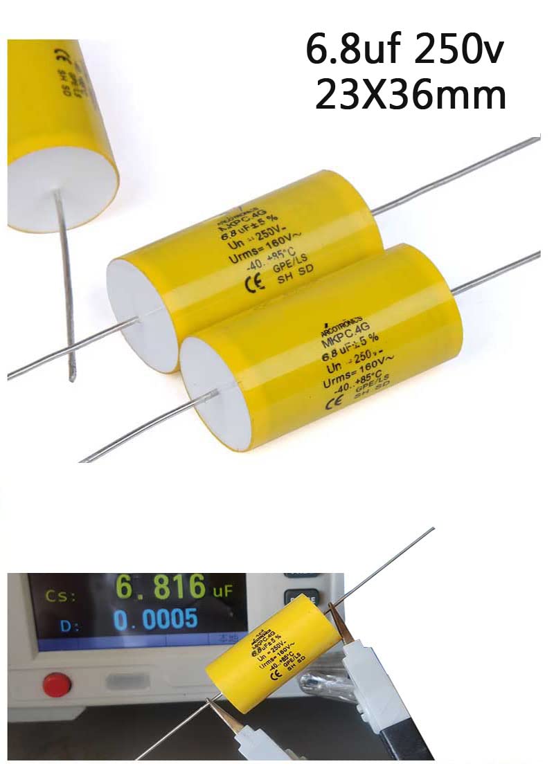 2pcs 6.8uF 250V Axial Audio Speaker Crossover stepless Film Capacitor 5% Audio Crossover Tweeter Precise Pairing 6.8uF 250V(2pcs)