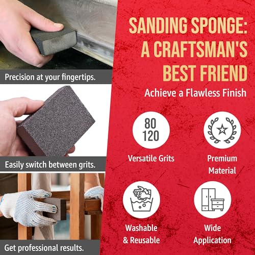 Sanding Sponge Blocks, 5" x 3" x 1", 80 & 120 Grit, Medium/Fine, 24 Pack Medium/Fine Grit Straight Edge