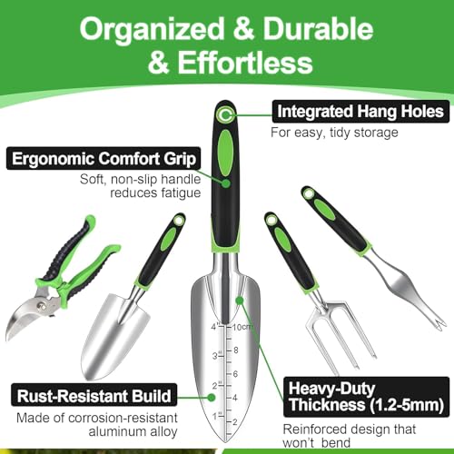 11-Piece Garden Tools Set – Heavy Duty Aluminum Alloy Hand Tools with Ergonomic Non-Slip Handles, Rust Resistant – Includes Trowel, Rake, Pruner & Carry Tote Bag – Gardening Kit for Women & Men