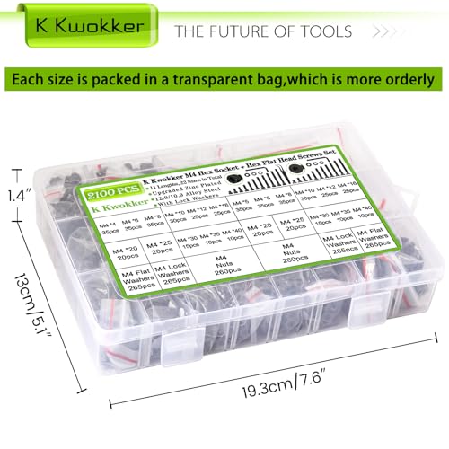 2100Pcs M4 Screw Kit 4MM to 40MM, Socket Head Screws & Flat Head Screws Assorted Nuts and Bolts Assortment Kit with Washer and Lock Washers, M4 Metric Screws Assortment