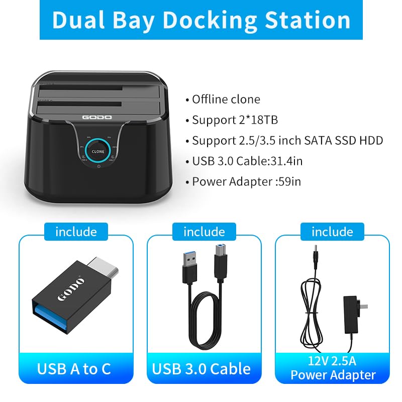 GODO USB 3.0 to SATA III Mini Dual Bay External Hard Drive Docking Station for 2.5 / 3.5 inch HDD SSD,Support Offline Clone,Hot Pluggable,with USB C Adapter,UASP