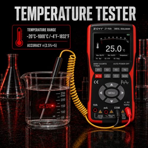 702S 2 in 1 Handheld Automotive Oscilloscope Multimeter - 10MHz Bandwidth 48MS/s Sampling Rate,Auto-Ranging 9999 Counts T-RMS Multimeter with Temperature Tester for Electronics Repair Test