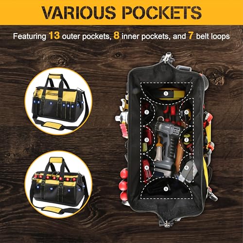 Olympia Tools 16 Inch Wide Mouth Tool Bag, Tool Tote with Water Proof Molded Base, Tool Bags for men with 21 Pockets and 7 Belt Loops, Padded Handle, Adjustable Shoulder Strap Standard