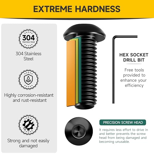 Mywish M6 x 20mm 20Pcs Flat Head Hex Socket Cap Screws Bolts & 3/8-16 x 2-1/2" 10Pcs Button Head Socket Cap Bolts Screws, 304 Stainless Steel Furniture Bolts Full Thread, Black Oxide & Hex Spanner