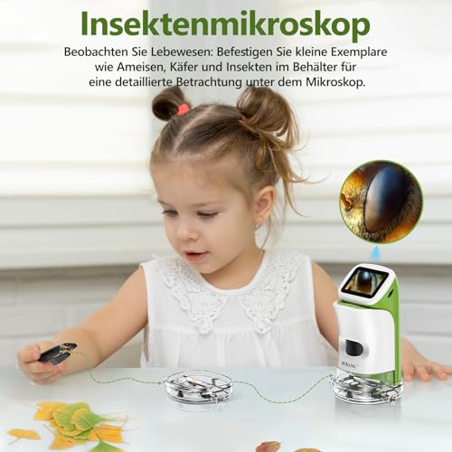 Children's microscope with stand, 2-inch 4K screen, 1000X digital magnification, portable mini-scope science kit for boys and girls ages 4-12 with slide set, 32G card, STEM learning toy, gift