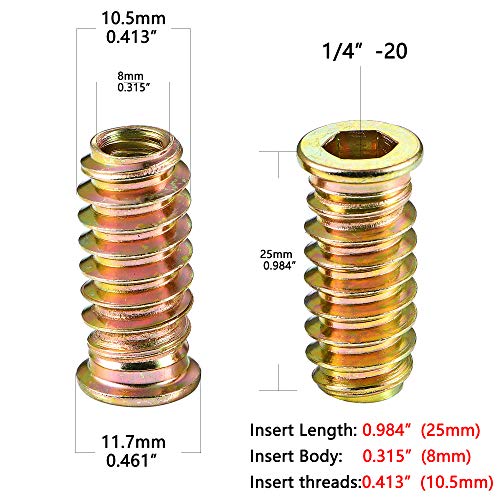 200Pcs 1/4"-20x25mm Hex Nut Inserts Wood Threaded Fastener for Furniture 200 Pcs 1/4"-20 x 25mm