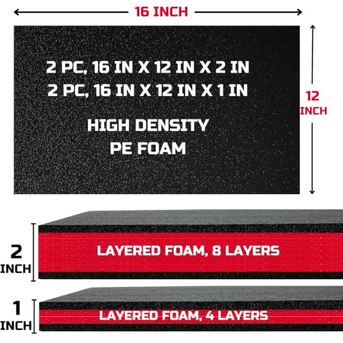 ONREVA Tool Box Foam Organizer 2pc 16x12x2in & 2pc 16x12x1in, Kaizen Sheets for Pro Tool Control, Custom Tool Shadow Inserts for Cases & Drawers, High Density Polyethylene Foam, Black with Red