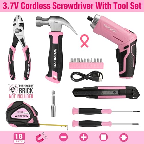 WORKPRO Pink Tool Set, 3.7V Electric Screwdriver Kit with Toolbox
