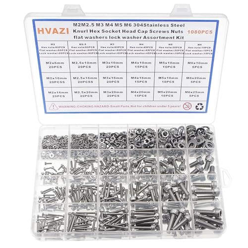 1080PCS M2-M6 304 SS Knurled Socket Head Cap Screws Nuts Washers Kit