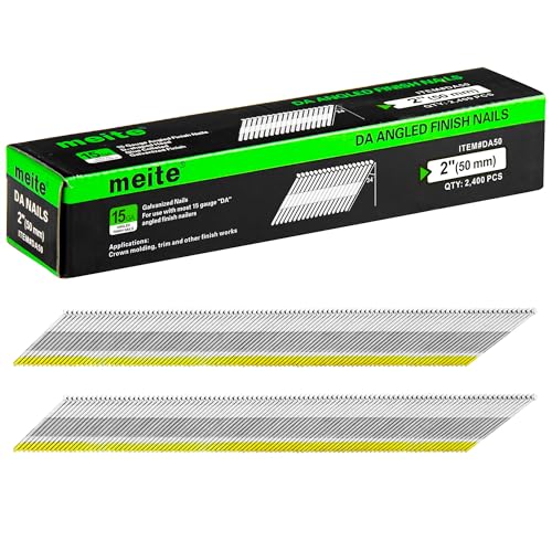 meite 15 Gauge 34 Degree Finish Nails Set 1-1/2'' Inch & 2 Inch Galvanized Angled Finishing Nails for Finish Nailer Gun - Cabinet Crown Baseboard Door Trim
