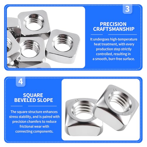 25 Pcs Square Nuts, M10 Thread, 17mm Side x 8mm Thick M10×17×8mm Silver 25 pcs