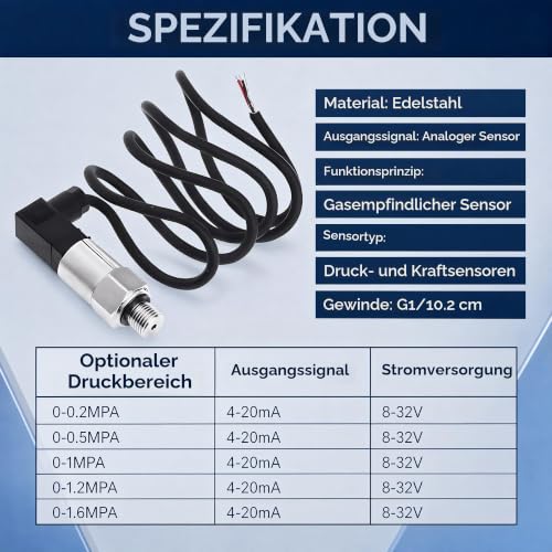 Stainless Steel Pressure Transducer, Pressure Sensor Silicon Pressure Transmitter Sensor Water Flow Sensor 4-20mA Output G1/4 Inch for Water Gas Oil (0-0.5 MPA) 0--1MPA