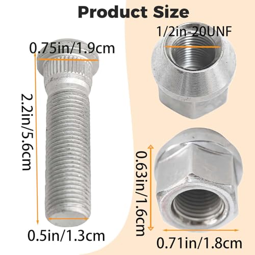 12Sets 1/2-20 Inch Wheel Stud with Nuts for Trailer Compatible with Lippert Axles 3500 lb, Compatible with Dexter Axles 4400 lb with 1/2"-20 UNF Thread Size, Wheel Studs 0.5 Inches