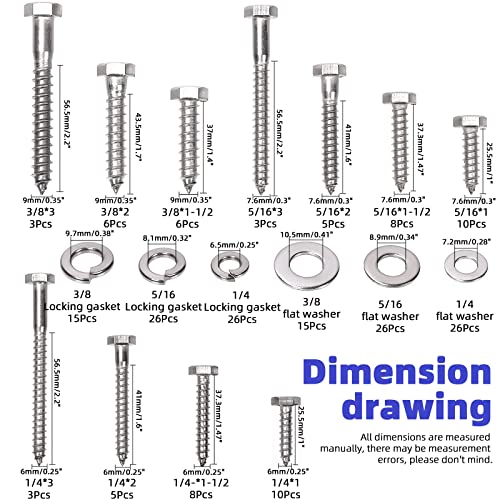 Glarks 201Pcs 1/4" 5/16" 3/8" 304 Stainless Steel Hex Lag Screws Assortment Kit Hex Lag Bolts with Flat Washers and Lock Washers Set for Fixing Metal, Wood, Plastic Materials 1/4"+5/16"+3/8" Lag Screws Set