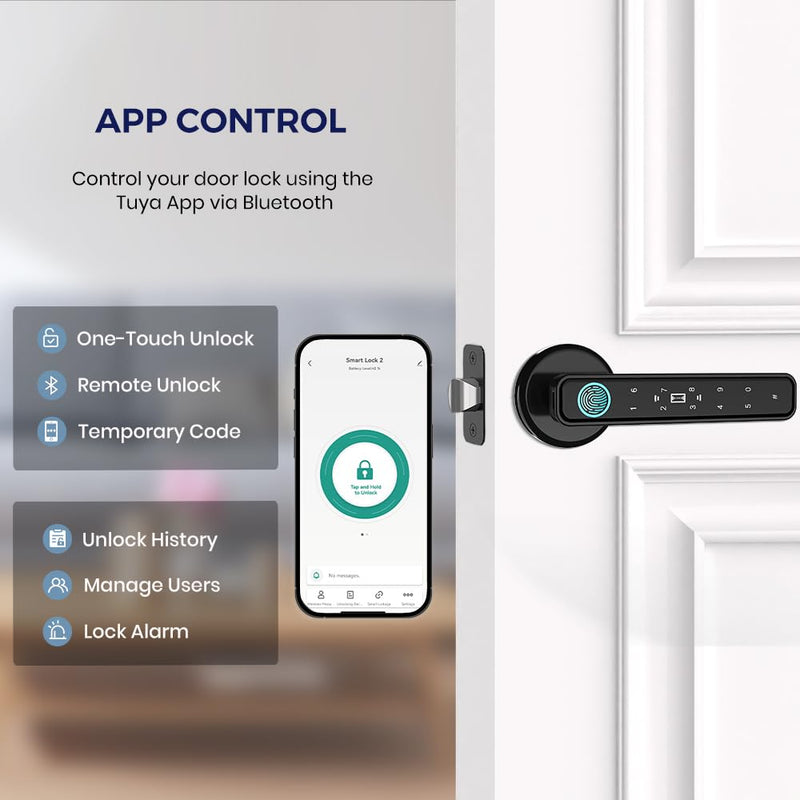Smart Door Knob & Handle, Fingerprint Door Lock with Bluetooth Keypad | Keyless Entry Door Lock with Key Access, App Control, Privacy & Passage Modes for Home, Bedroom, Office & Apartment Black194