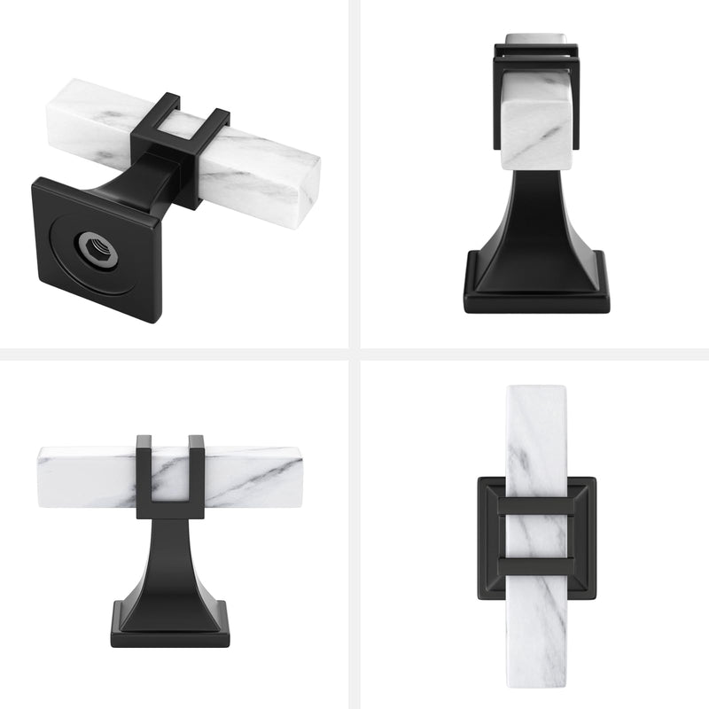 Haliwu 10 Pack Kitchen Cabinet Knobs Black and White Marble Grain Knobs Dresser Drawer Handles Kitchen Cabinet Pulls, 2 Tone Square T Bar Hardware T-bar Knob White Marble & Black