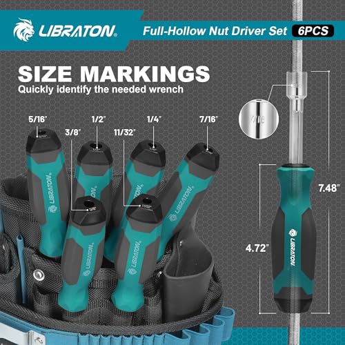 LIBRATON Full-Hollow Nut Driver Set SAE, 12-Point Magnetic Nut Drivers 6