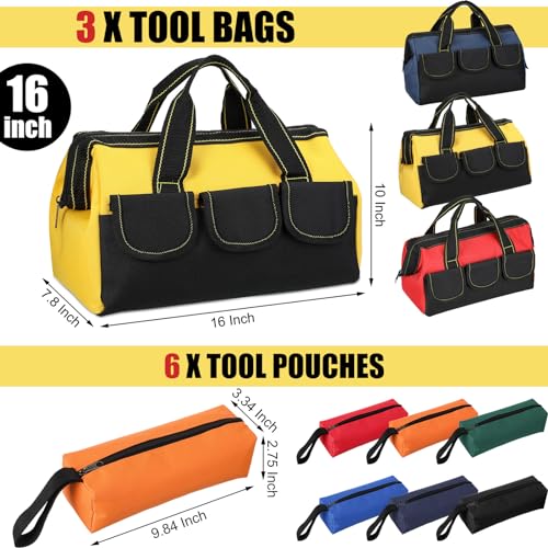 Sanwuta 9 Pcs Tool Bag for Men 3 Heavy Duty Wide Mouth Tool Bags and 6 Small Waterproof Pouch Tote for Electrician Carpenter Mechanic Father's Day Christmas Gifts(16 Inch,Blue Red Yellow) Blue Red Yellow 16 Inch