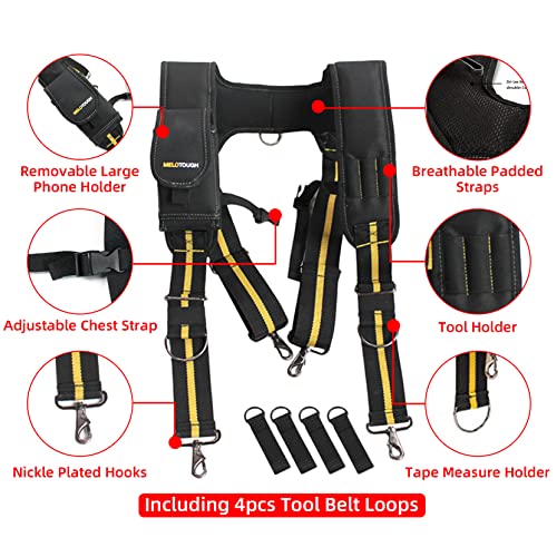 MELOTOUGH Suspenders Tool Belt Suspenders with Large Moveable Phone Holder, Pencil Holder, Adjustable Size Padded Work Belt Suspenders(Yellow +Black)