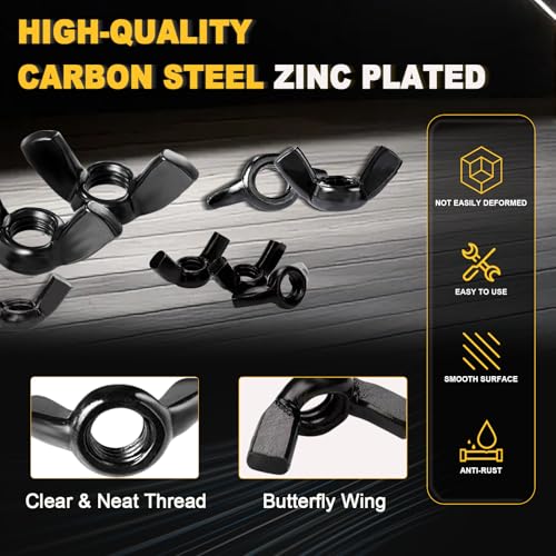 Siptenk 200PCS Black Metric SAE Wing Nuts Assortment M3-M12 6-32 to 3/8"-16 200 SAE & Metric