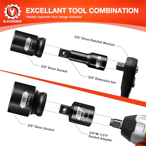 BLACKROBOT 3/8" Drive Magnetic Impact Socket Set, 13-Piece Shallow Socket Set with Storage Rail, Metric Size 7mm-19mm, 6 Point Magnetic Sockets, Cr-Mo Steel 3/8" Dr Metric 13P