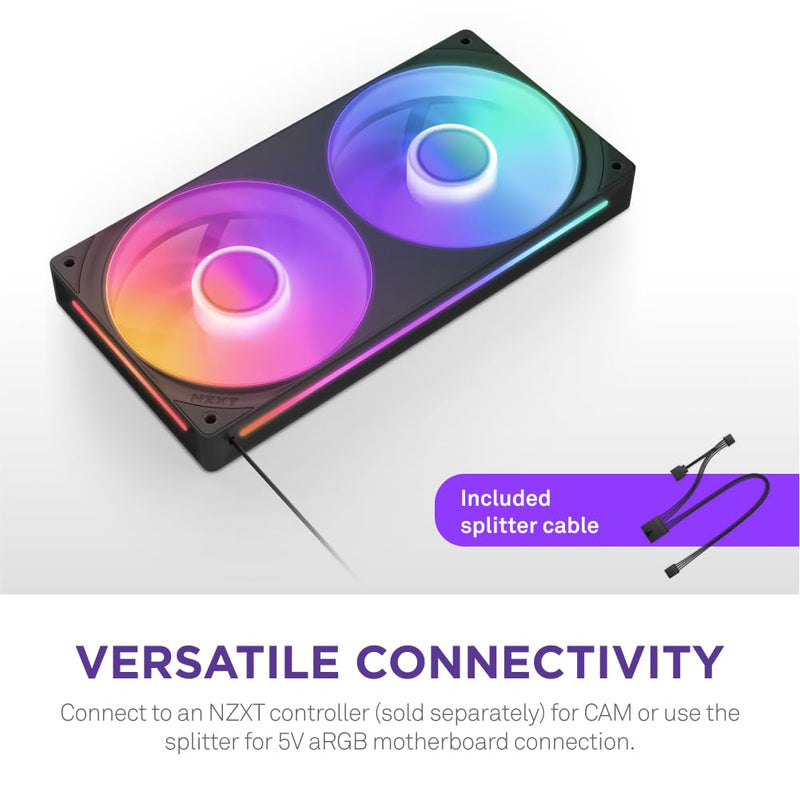 NZXT F240 RGB Core - 240mm Single-Frame Fan Unit with 2 x 120mm RGB Fans - Speed & Lighting Control - High Static Pressure & Airflow - Fluid Dynamic Bearings - 8 aRGB LEDs Per Fan - Black 2x 120mm RGB Single Frame