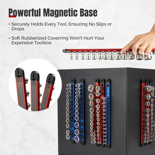 6PC Magnetic Socket Organizer Set, 1/2" 3/8" 1/4" Drive 6 Pieces-1/4", 3/8", 1/2" DR Red & Blue