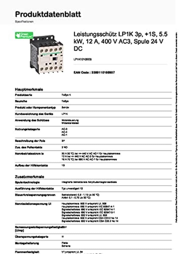 Schneider Electric LP1K1210BD3 Power Contactor LP1K 3p +1S 5.5kW 12A 400V AC3 Coil 24V DC 5.5 kW 1S 12 A