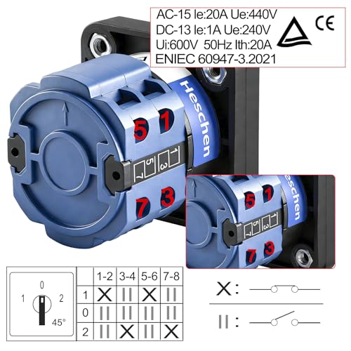 Heschen Universal Rotary Cam Switch SZW26-20/D202.2 660V 20A ON-OFF-ON 3 Position 2 Phase 8 Terminals CE (1-0-2), 8 terminals standard design