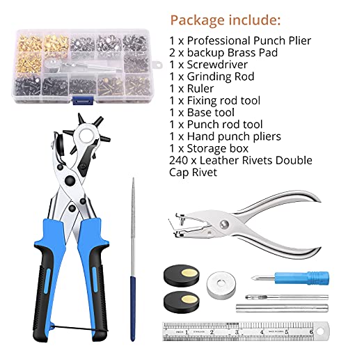 KAMTOP Leather Hole Punch Set, 240 Double Cap Rivets, Punch Pliers Silver