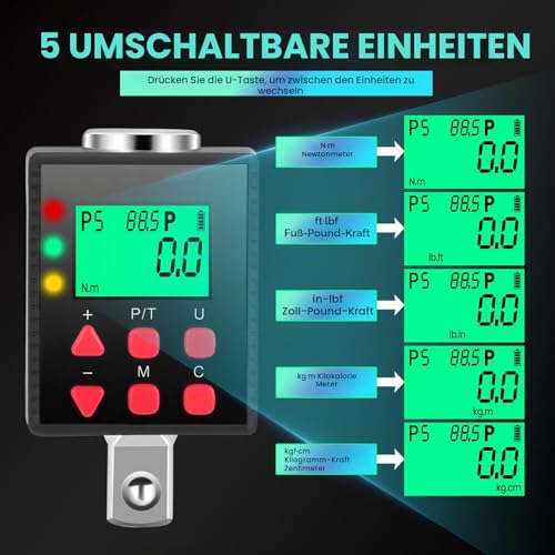 Digital Torque Adapter 1/2 Inch, 3.4 - 340 Nm Torque Digital Adapter, Accuracy ± 1% with Preset, Memory, Buzzer, LCD Display, 1/4 Inch 3/8 Inch Adapter for Car, Motorcycle, Bicycle