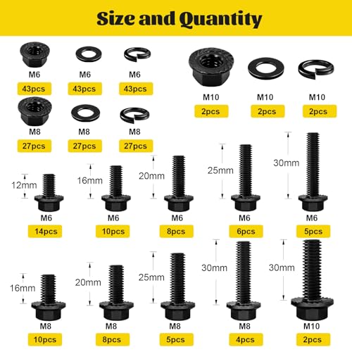 164PCS Metric M8 Flange Head Bolts Assortment Kit & 288PCS M6 M8 M10 Flange Head Bolts Assortment Kit with Nuts, Washers, 10.9 Black Zinc Galvanized