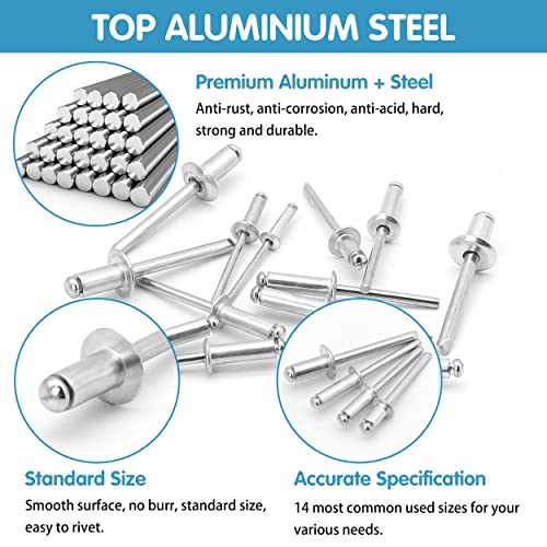 SATANTECH 500pcs Pop Rivets Assortment Kit,14 SAE Sizes Aluminum Rivets (3/32" 1/8" 5/32" 3/16" 1/4"), Assorted Blind Rivets with Reinfored Divider & Labeled Case Silver