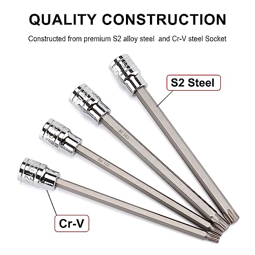 CASOMAN 3/8"Drive Extra Long Torx Bit Socket Set, 12 Piece Torx Star Bit Set, T10 to T60, Length: 150mm, CR-V&S2 Steel 150mm | 12-piece Set