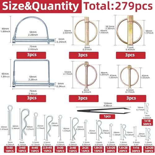 AMUNOK 279Pcs Heavy Duty Carbon Steel Pin Assortment, Hitch Lock & R-Clip Assorted Pins x 279 18 Sizes