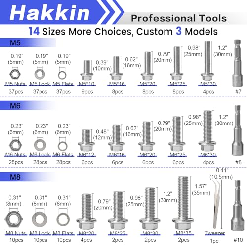 300pcs M5 M6 M8 Flanged Hex Head Bolts and Nuts Assortment Kit (10mm to 35mm), M5-0.8 M6-1.0 M8-1.25 Metric Nuts Screws Flat & Lock Spring Washer 304 Stainless Steel, Hex Socket Included