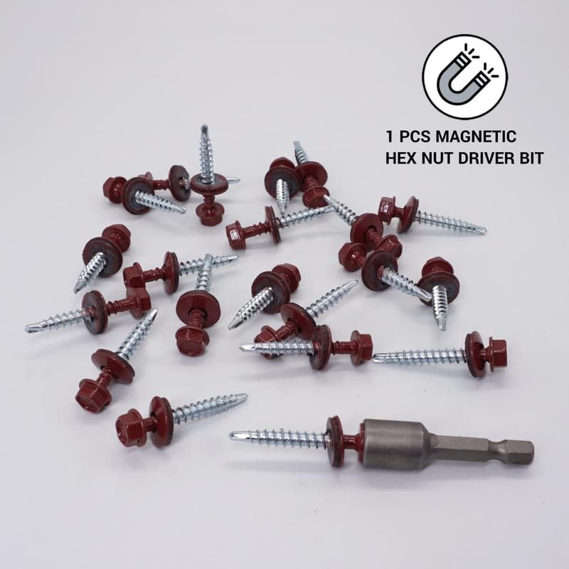 (Pack of 250 pcs) Metal Roofing Screws, 3/16 x 1-3/8 (4.8 x 35 mm) Painted Self-Drilling Screws with EPDM Washers, Sheet Metal Hex Screw, Oxide Red RAL 3009 3/16 x 1-3/8 (4.8 x 35 mm)
