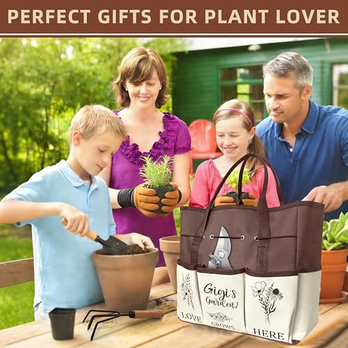 Gigi Gifts, Garden Kit Gifts for Gigi Mothers Day from Grandkids Gardening Tools and Durable Garden Tools Organizer Tote, Ideal Gardening Set for Women on Plant Lover Birthday Present Brown