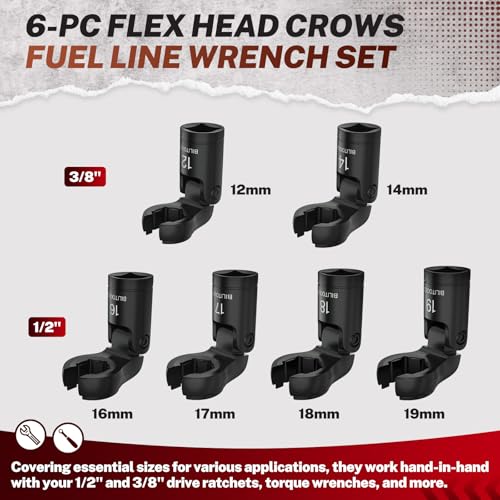 BILITOOLS 6PCS Flex Head Crows Foot Line Wrench Set, 3/8" & 1/2" Drive Short Flex Head Wrench Set