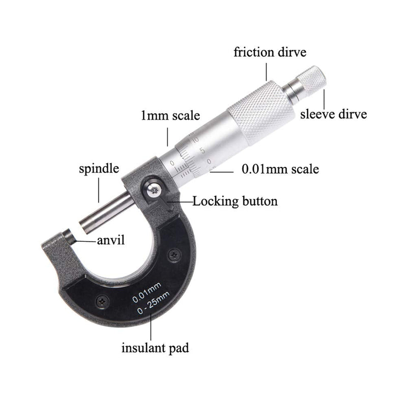 Beslands Outside Micrometer 0-25mm Micrometer Screw Measuring Screw 0.01mm Resolution Micrometer Metric 0-25mm Micrometer