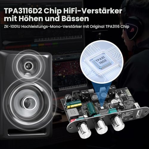 ZK-1001U Bluetooth 5.3 Mono Amplifier HiFi Stereo with TWS & Boost Circuit, 100W Output, Mini Audio Amplifier for Home and Outdoor DIY Speakers, USB/AUX/BT Input, DC 9-24V ZK-1001U